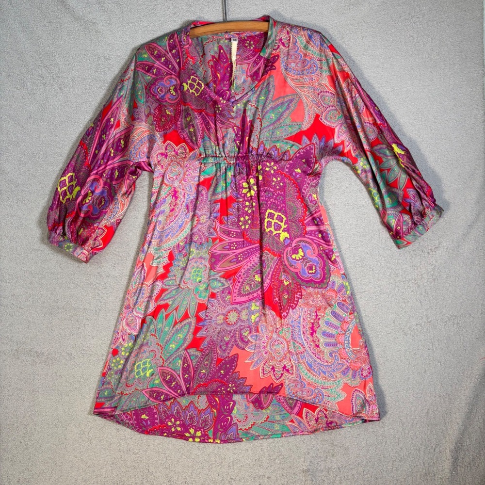 Uncle‎ Frank Paisley Print Boho Dress XS Red Pink Purple Cinched Waist USA Made